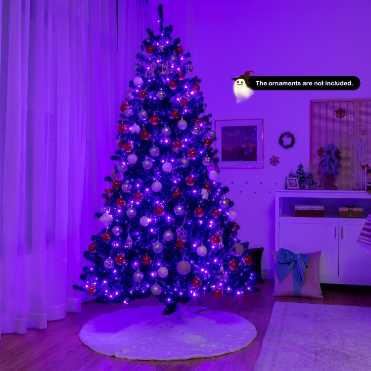 Black artificial Christmas Halloween tree with purple LED lights, 7ft tall, perfect for festive holiday decor.