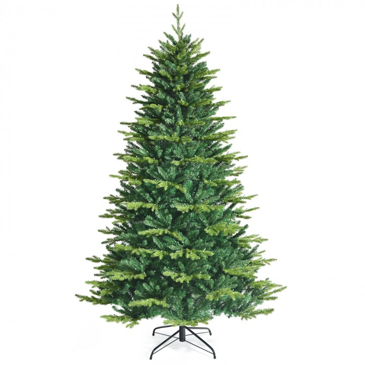 7-foot pre-lit artificial Christmas tree with hinged branches and app-controlled LED lights for festive decoration.
