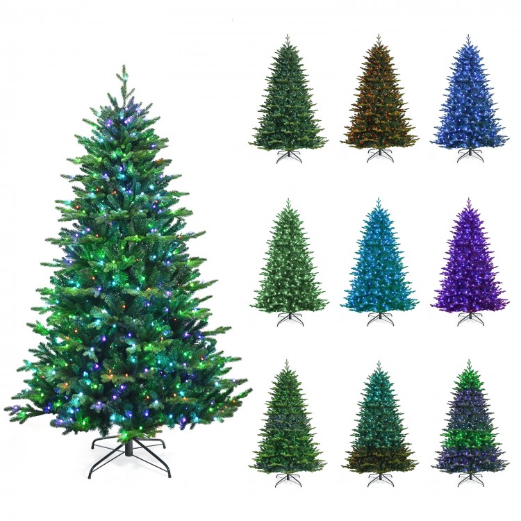 Pre-lit 7' artificial Christmas tree with colorful LED lights, featuring hinged branches for easy assembly and app.