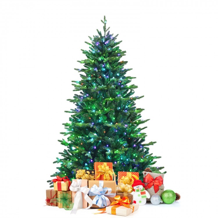 Pre-lit 7' artificial Christmas tree with colorful LED lights and gifts, perfect for festive holiday decoration.