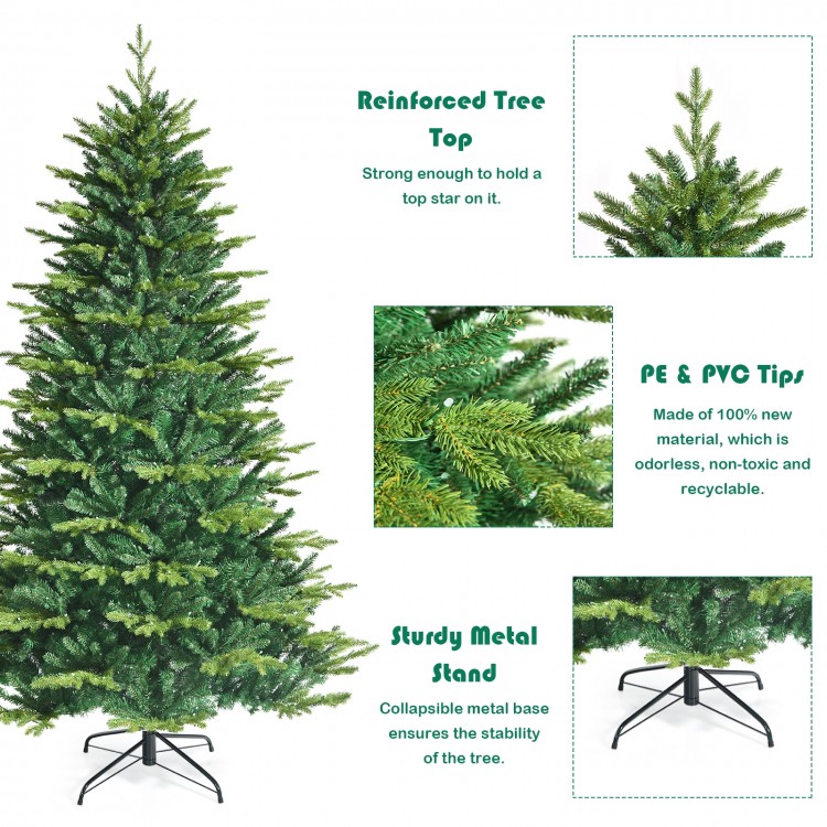 Pre-lit 7' artificial Christmas tree with 540 LED lights, featuring PE and PVC tips for a lush, odorless design.
