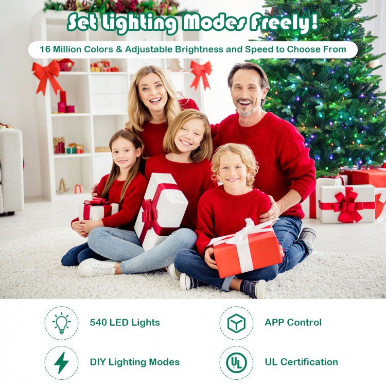 Pre-lit 7' artificial Christmas tree with 540 LED lights, APP control, and lush PE/PVC branches for festive decor.