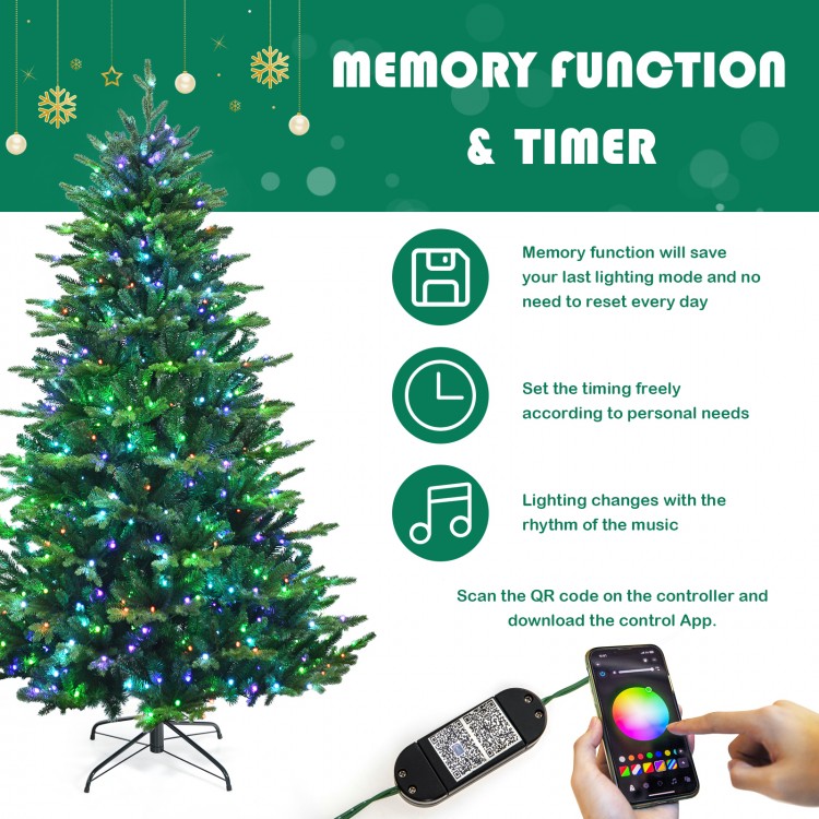 Pre-lit 7-foot artificial Christmas tree with APP-controlled 540 colorful LED lights for customizable holiday decor.