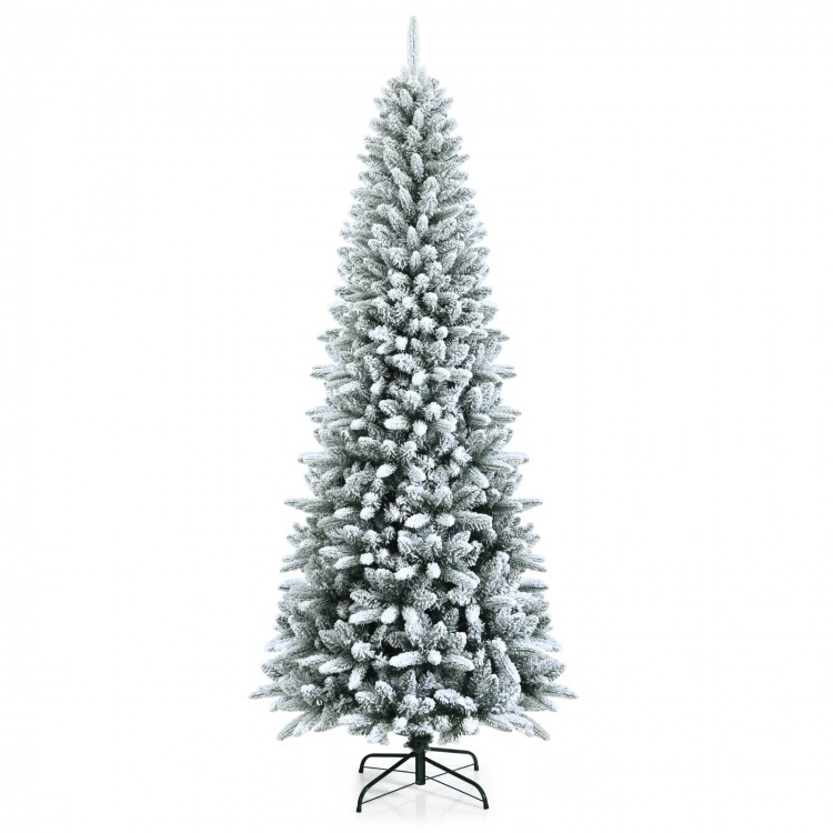 Snow-flocked 7.5' artificial Christmas pencil tree with mixed tips and sturdy metal stand for festive holiday decor.