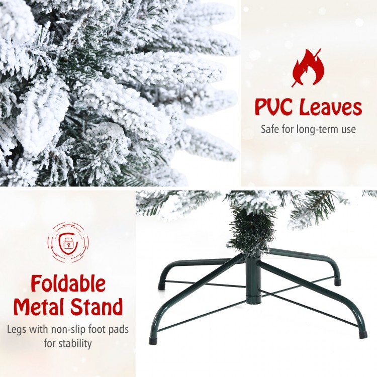 Close-up of snow-flocked leaves on a 7.5' artificial Christmas pencil tree with a foldable metal stand for stability.