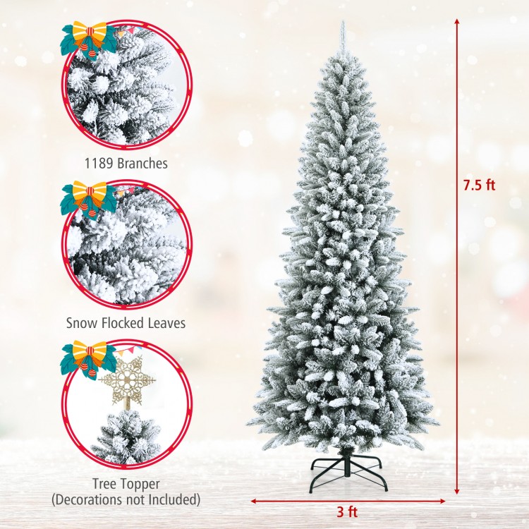 Snow-flocked 7.5 ft artificial Christmas pencil tree with 1189 branches and sturdy metal stand for festive decor.