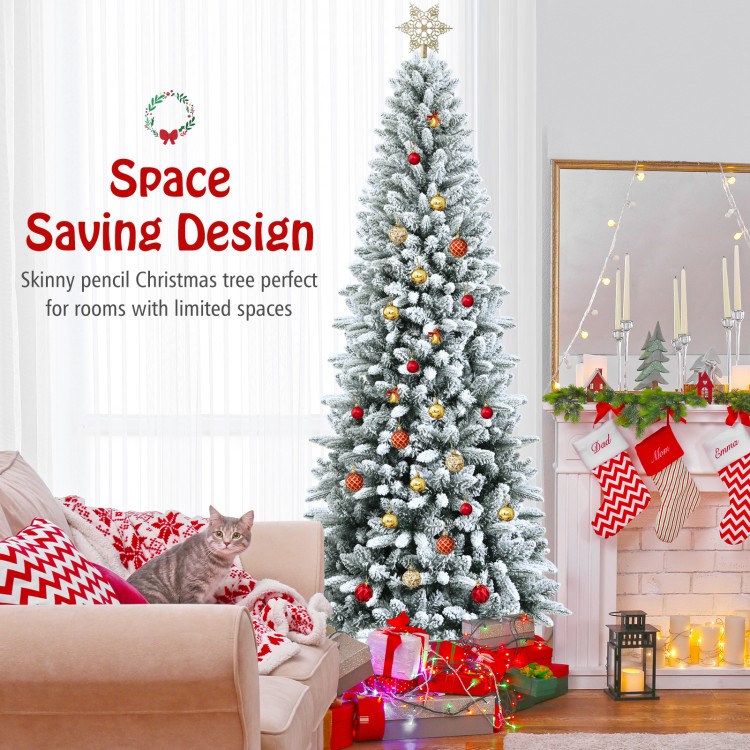 Snow-flocked 7.5' artificial Christmas pencil tree with mixed tips, perfect for limited spaces and festive decor.
