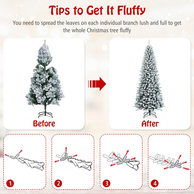 Snow-flocked 7.5' artificial Christmas pencil tree with lush branches and sturdy metal stand for festive decoration.