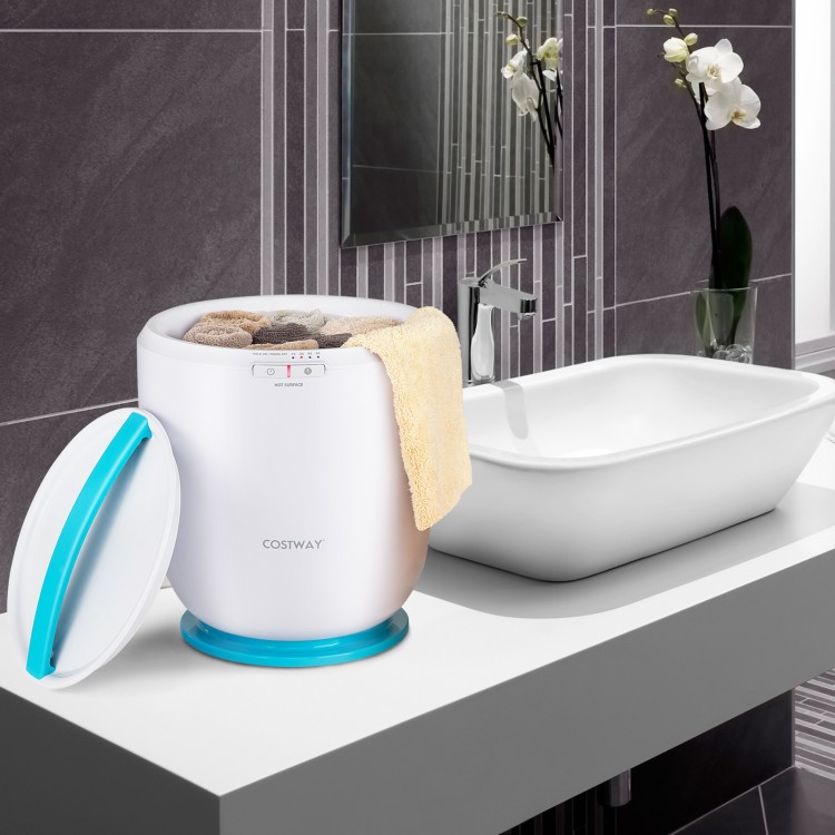Countertop towel warmer bucket in blue, designed for quick heating of towels and bathrobes, ideal for bathroom use.