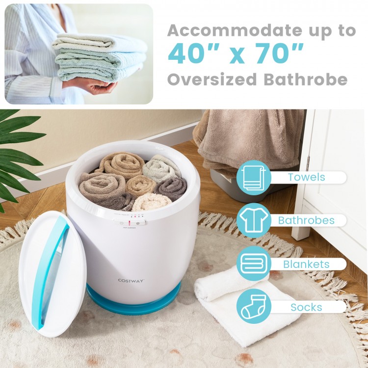 Countertop towel warmer bucket in blue, accommodating oversized bathrobes and towels, ideal for bathroom and spa use.