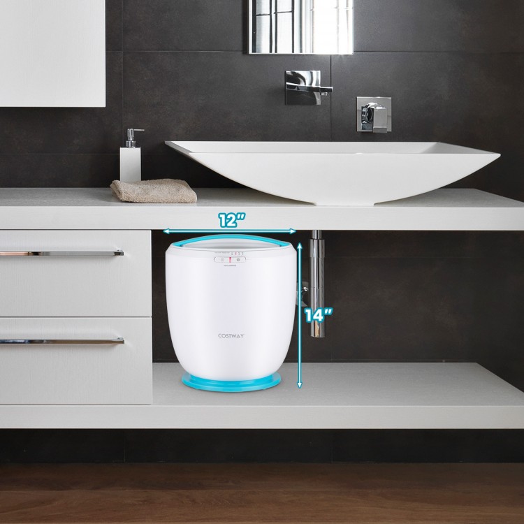 Countertop towel warmer bucket in white and blue, measuring 12" x 14", ideal for quick heating of towels and bathrobes.