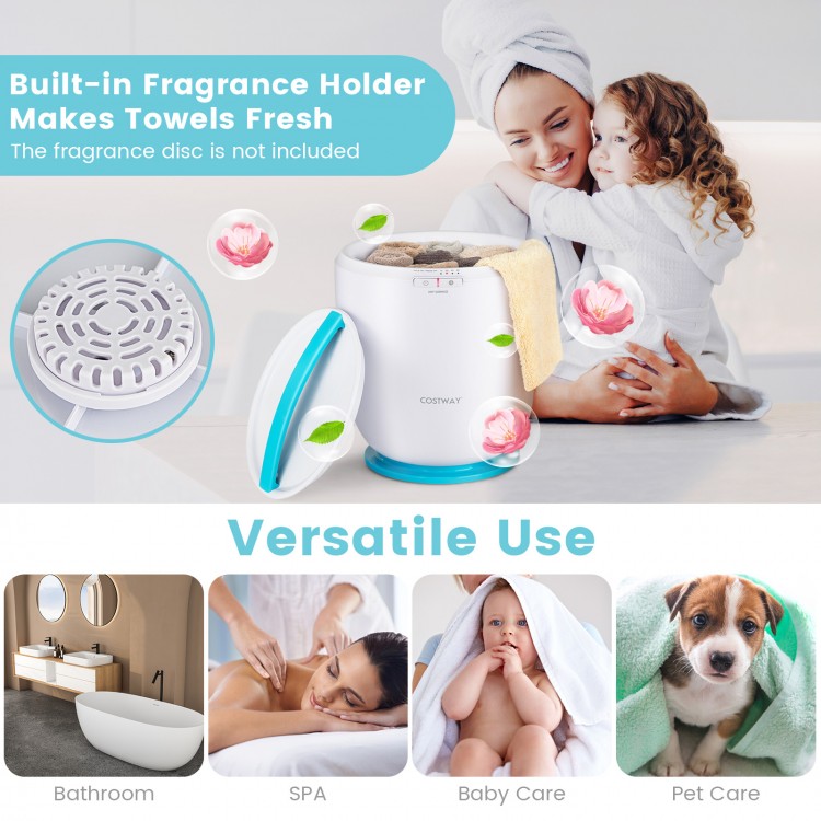 Countertop towel warmer bucket in blue, designed for fast heating and versatile use in bathroom, spa, and pet care.