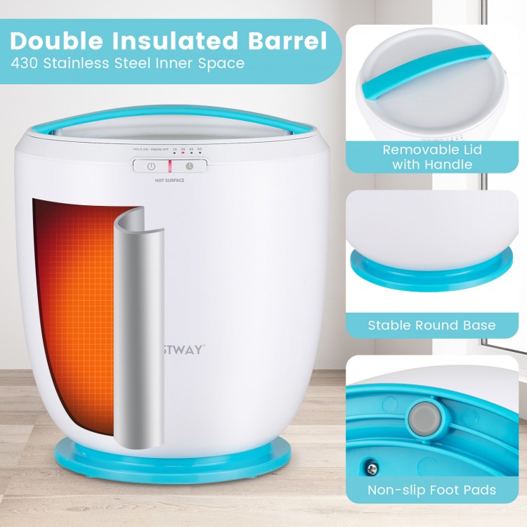 Countertop towel warmer bucket in blue with stainless steel inner space, removable lid, and non-slip base for bathroom.