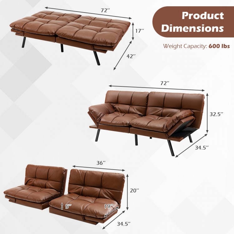 Convertible brown memory foam futon sofa bed with adjustable armrests and backrest, ideal for small spaces.