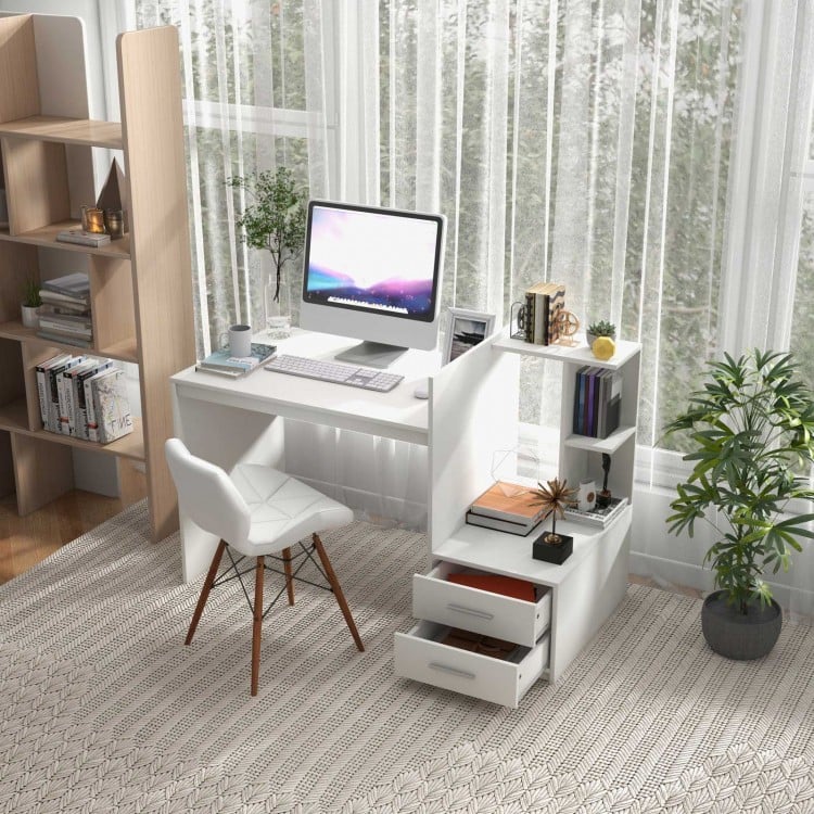 White computer desk with corner bookshelf and drawers, perfect for home office or study, featuring a wide desktop.