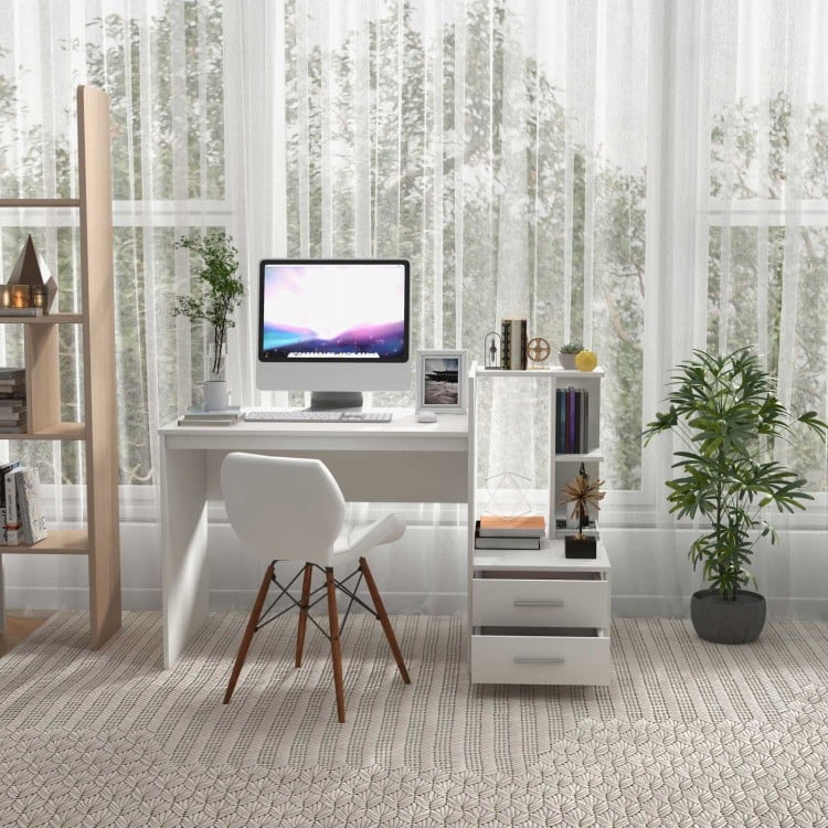 White computer desk with corner bookshelf and two drawers, perfect for home office or study space.