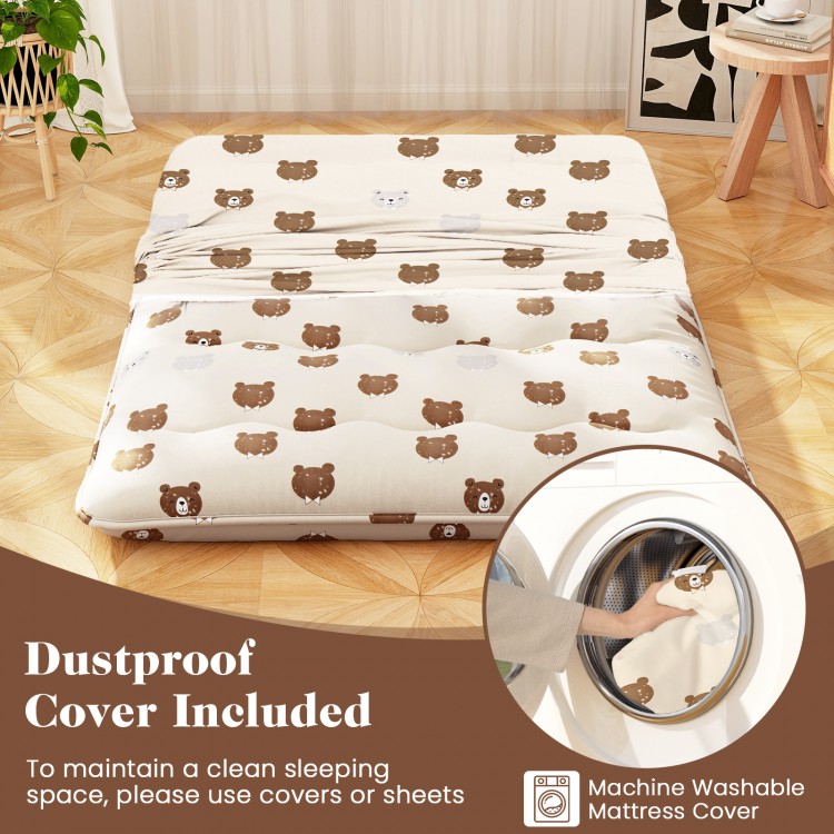 Foldable full-size futon mattress with washable cover, featuring a dustproof design, ideal for camping and home use.