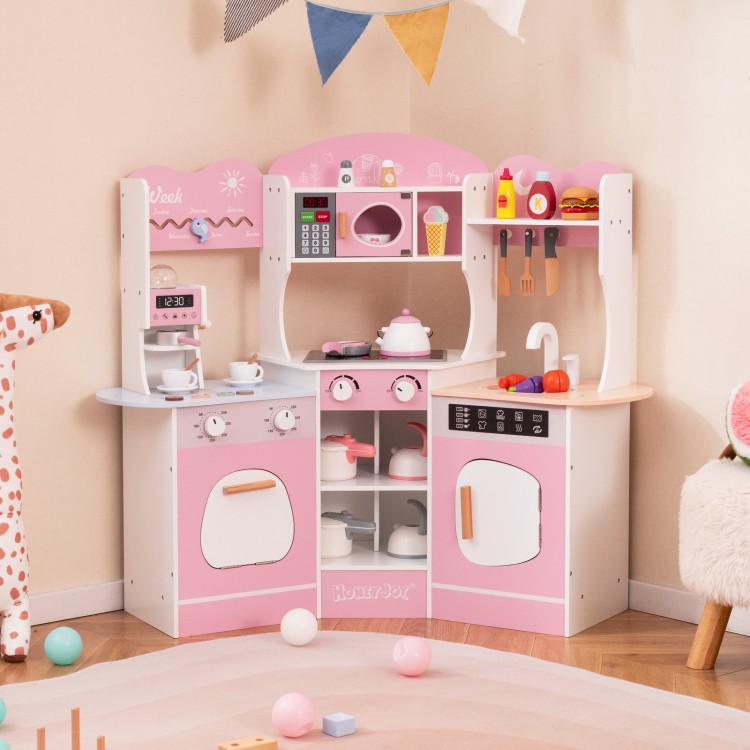 Corner wooden play kitchen in pink with coffee machine, slide, and light-up features for immersive role-playing fun.