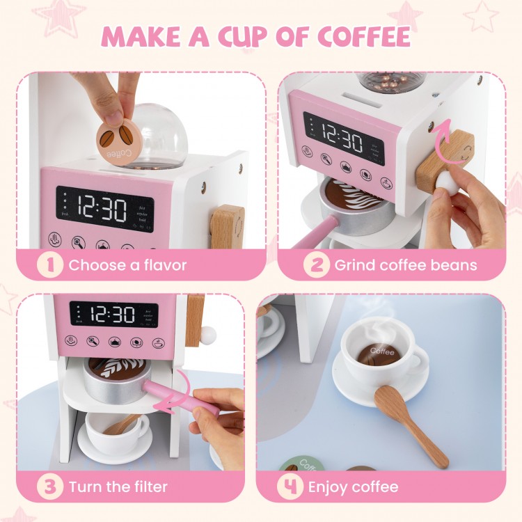 Coffee machine with accessories in pink play kitchen, perfect for imaginative role-playing and fun for kids.
