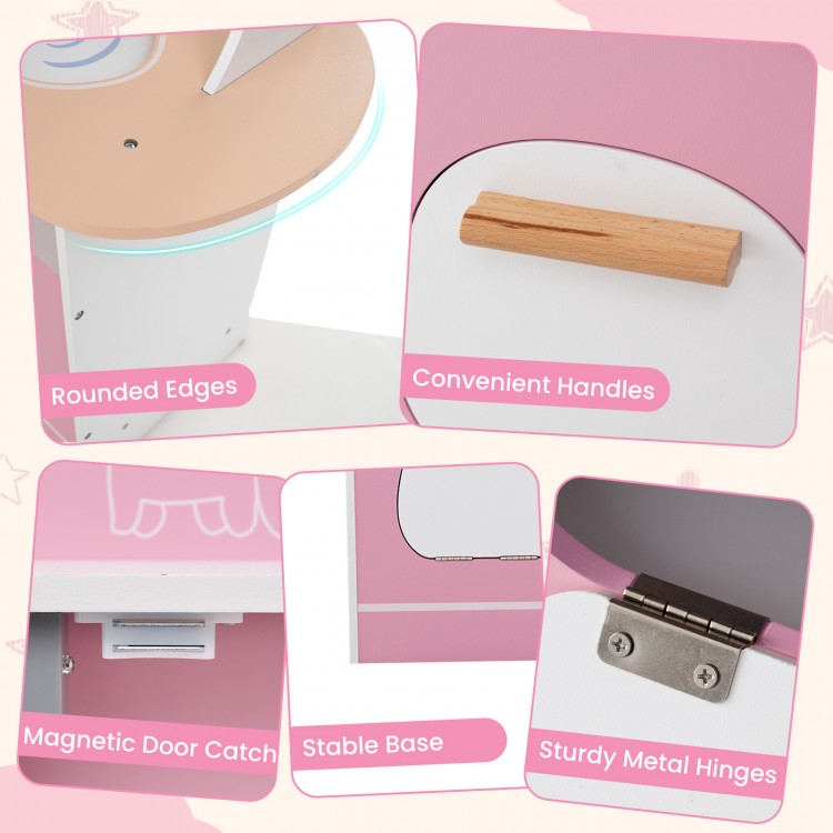 Detail of the Corner Wooden Play Kitchen showing convenient handles, sturdy metal hinges, and rounded edges in pink.