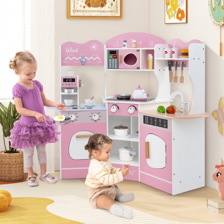 Wooden play kitchen in pink with coffee machine, slide, and interactive features for imaginative play.