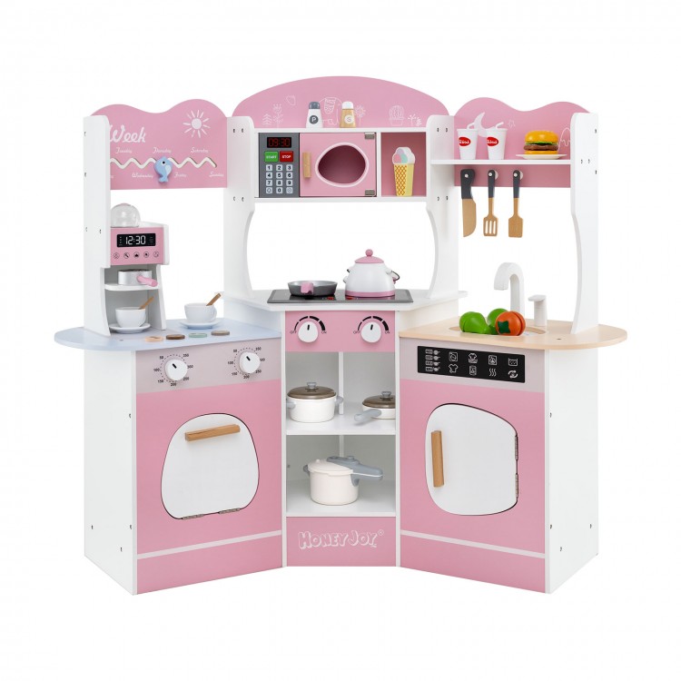 Corner wooden play kitchen in pink with coffee machine, slide, and interactive features for kids' imaginative play.
