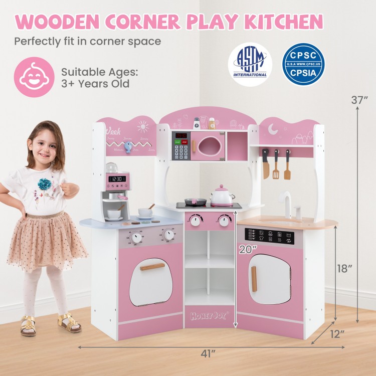 Wooden corner play kitchen in pink with coffee machine, slide, and interactive features for kids aged 3 and up.