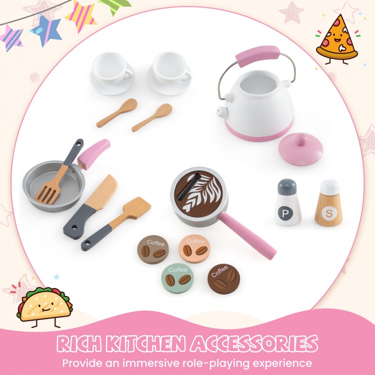 Colorful wooden kitchen accessories including a coffee machine, cups, and utensils for immersive role-playing fun.