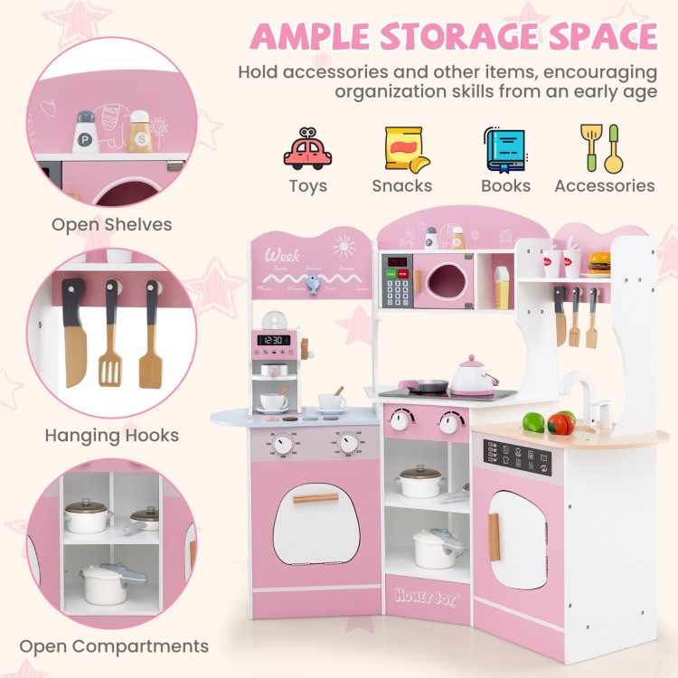 Corner wooden play kitchen in pink with coffee machine, slide, and ample storage for toys and accessories.