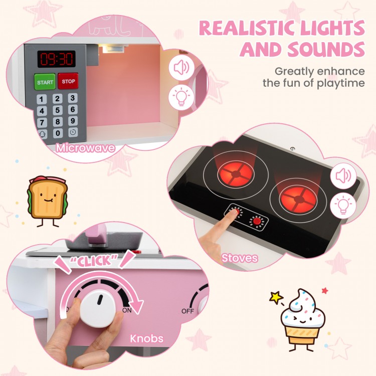 Light-up microwave and stove with realistic sounds and rotary knobs for immersive play in a pink wooden kitchen set.