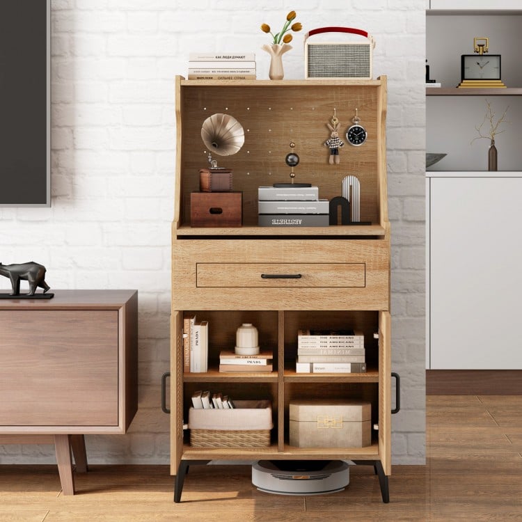 Coffee bar cabinet with adjustable shelves and pegboard, featuring a storage drawer and rattan doors for stylish.