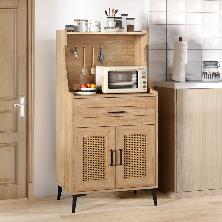 Coffee bar cabinet in oak with rattan doors, pegboard, adjustable shelves, and storage drawer for kitchen organization.