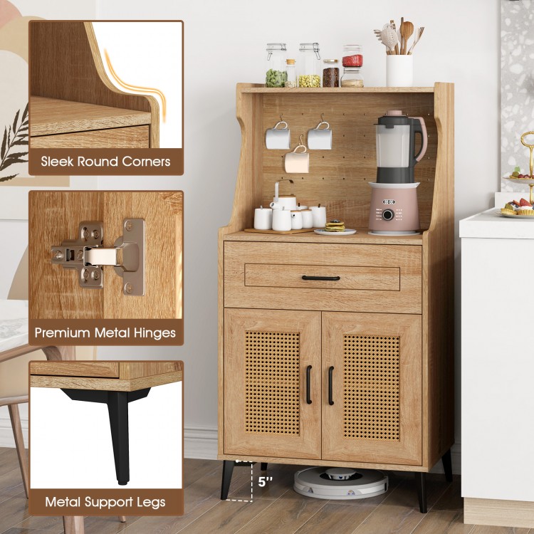 Coffee bar cabinet in oak with rattan doors, adjustable shelves, and metal legs for kitchen storage and organization.