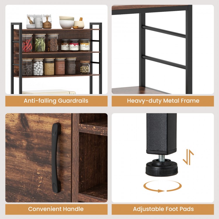 Coffee bar cabinet featuring a heavy-duty metal frame, convenient handle, and adjustable foot pads for stability.