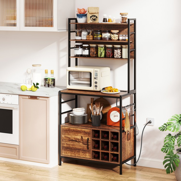 Coffee bar cabinet in rustic brown with wine bottle holders and S-shaped hooks, ideal for organized kitchen storage.