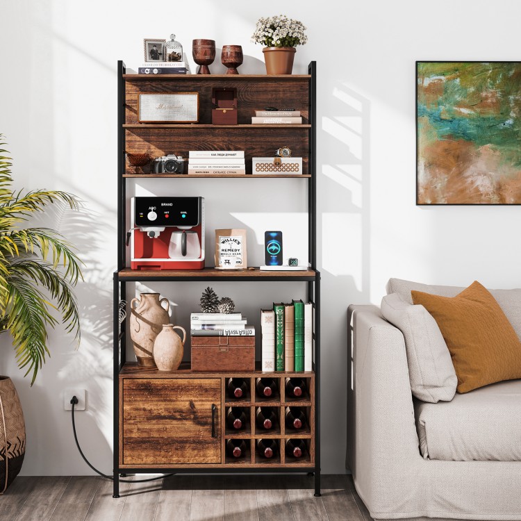 Rustic brown coffee bar cabinet with wine bottle holders and S-shaped hooks, featuring a sturdy metal frame for.