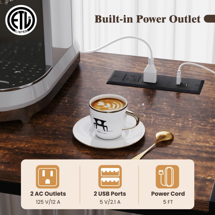 Coffee bar cabinet in rustic brown featuring built-in power outlet, wine bottle holders, and sturdy metal frame for.