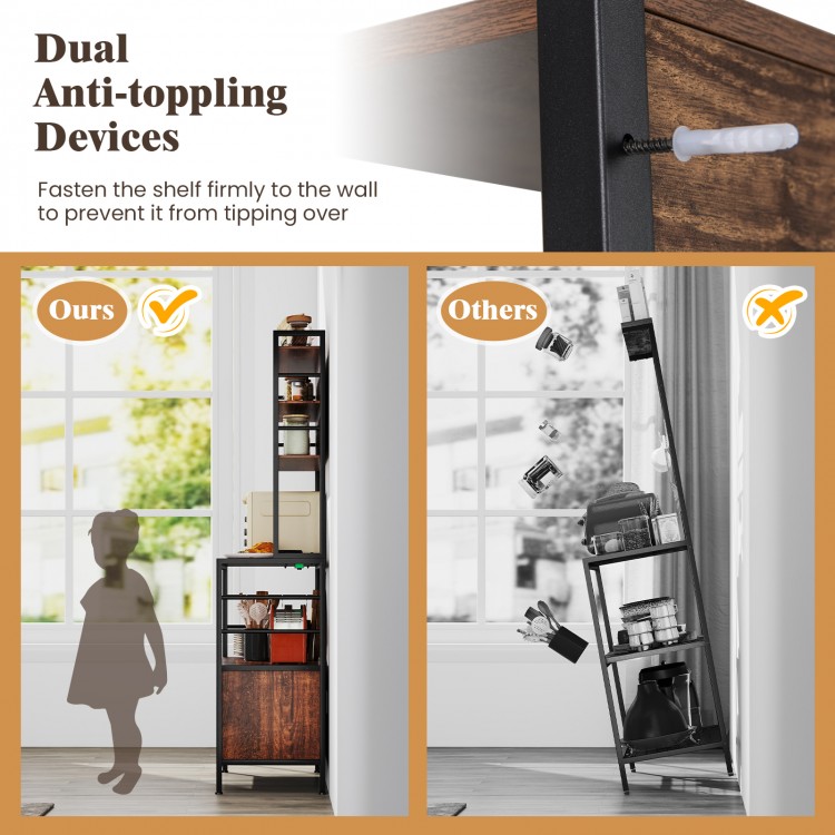 Coffee bar cabinet in rustic brown with dual anti-toppling devices and wine bottle holders for secure storage.