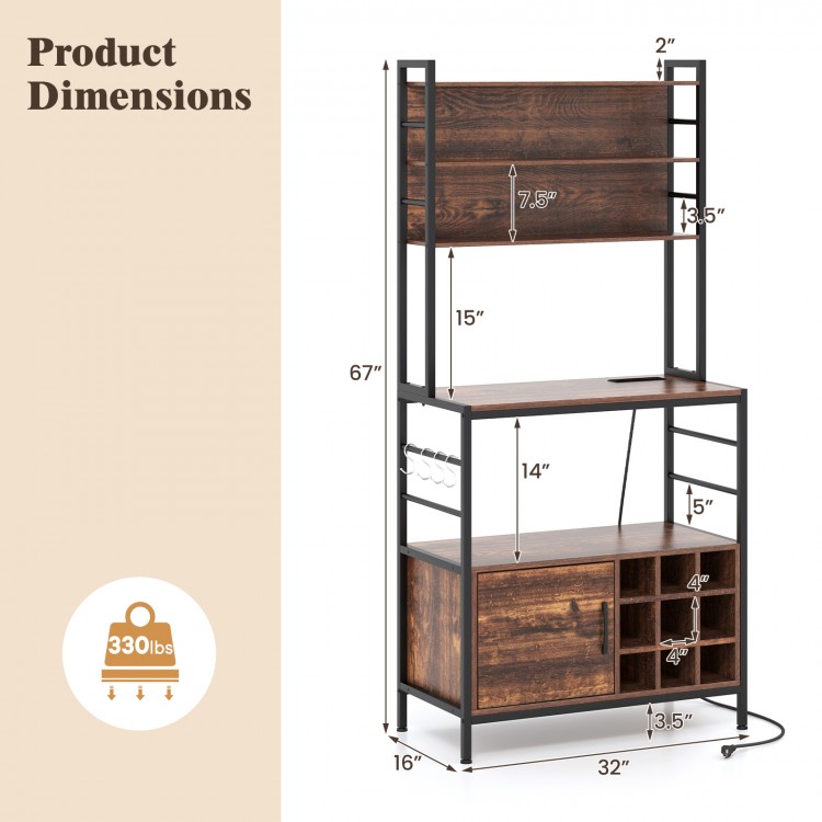 Coffee bar cabinet in rustic brown with wine bottle holders and S-shaped hooks, featuring a durable metal frame and.