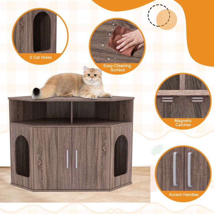 Corner cat litter box enclosure in gray with double doors, easy-clean surface, and storage shelves for cat essentials.