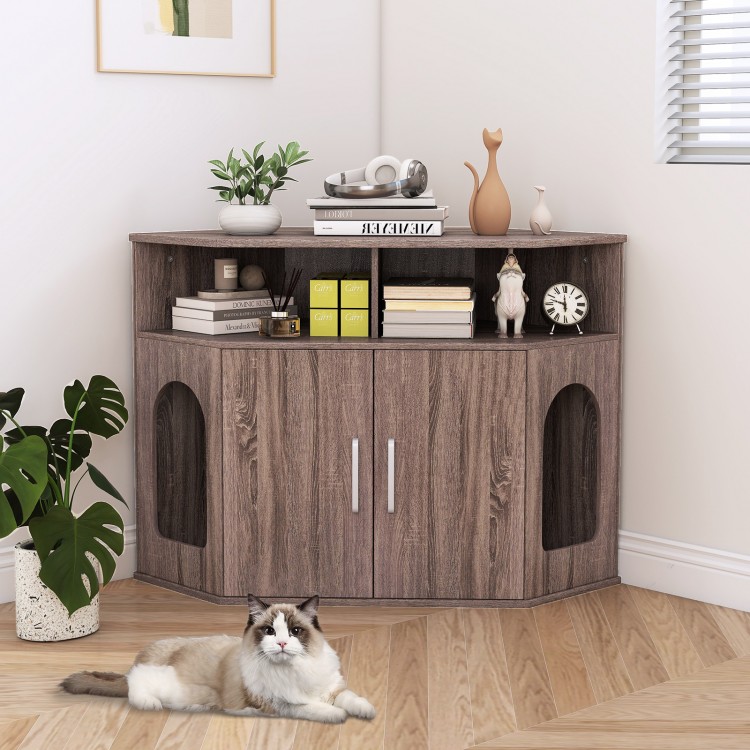 Corner cat litter box enclosure in gray with storage shelves, double doors, and a large tabletop for stylish.