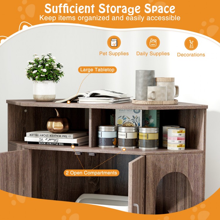 Corner cat litter box enclosure in gray with large tabletop and two open compartments for pet supplies and decorations.