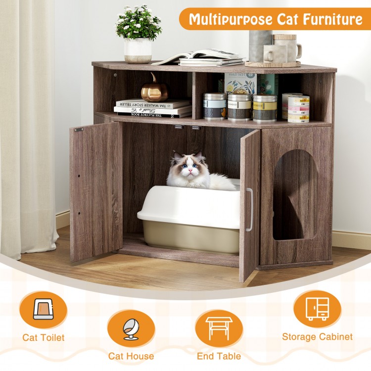 Corner cat litter box enclosure in gray with storage shelves, double doors, and a cozy cat house for discreet use.