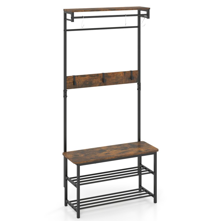 Coat rack hall tree with shoe bench, removable hooks, and rustic wood grain finish, ideal for entryway storage.