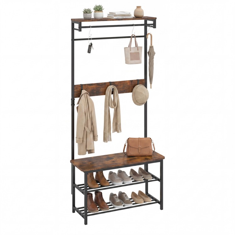 Coat rack hall tree with shoe bench, removable hooks, and rustic wood grain for stylish entryway storage.