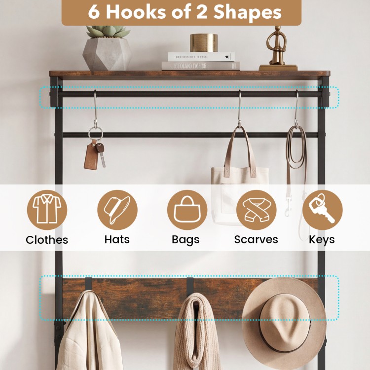 Coat rack with shoe bench featuring 6 removable hooks and rustic wood grain, ideal for entryway organization.