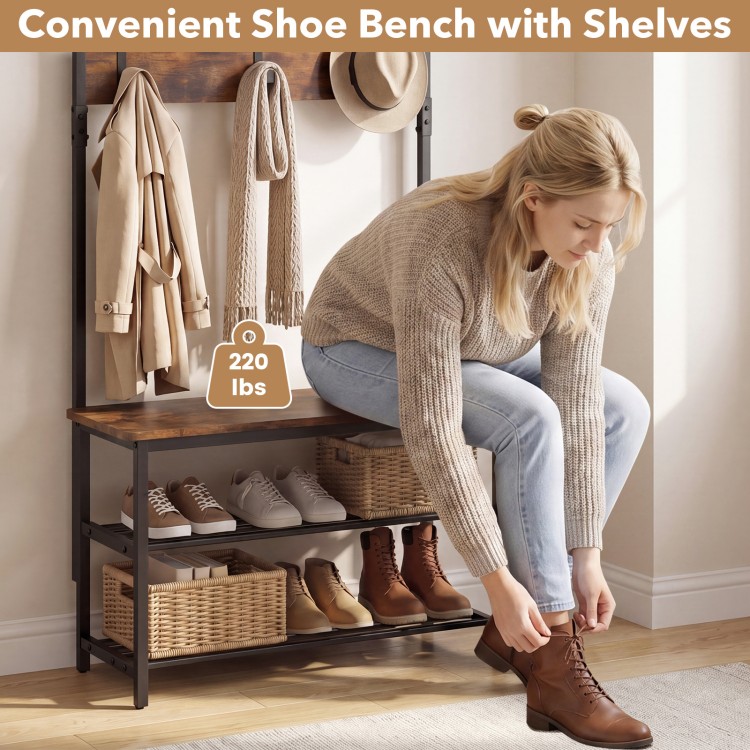Coat rack and shoe bench with removable hooks, rustic wood grain, supports 220 lbs, ideal for entryway or bedroom.