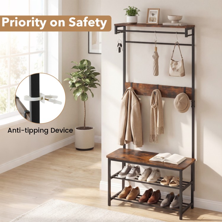 Coat rack hall tree with shoe bench, removable hooks, and rustic wood grain design, ideal for entryway storage.
