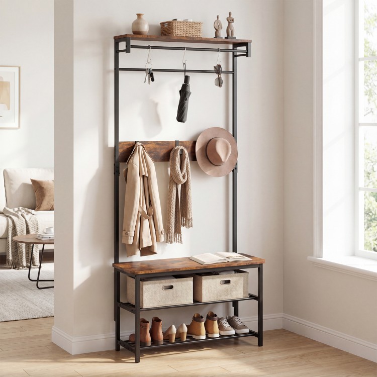 Coat rack hall tree featuring a sturdy bench and 2-tier shoe rack, perfect for stylish entryway organization.