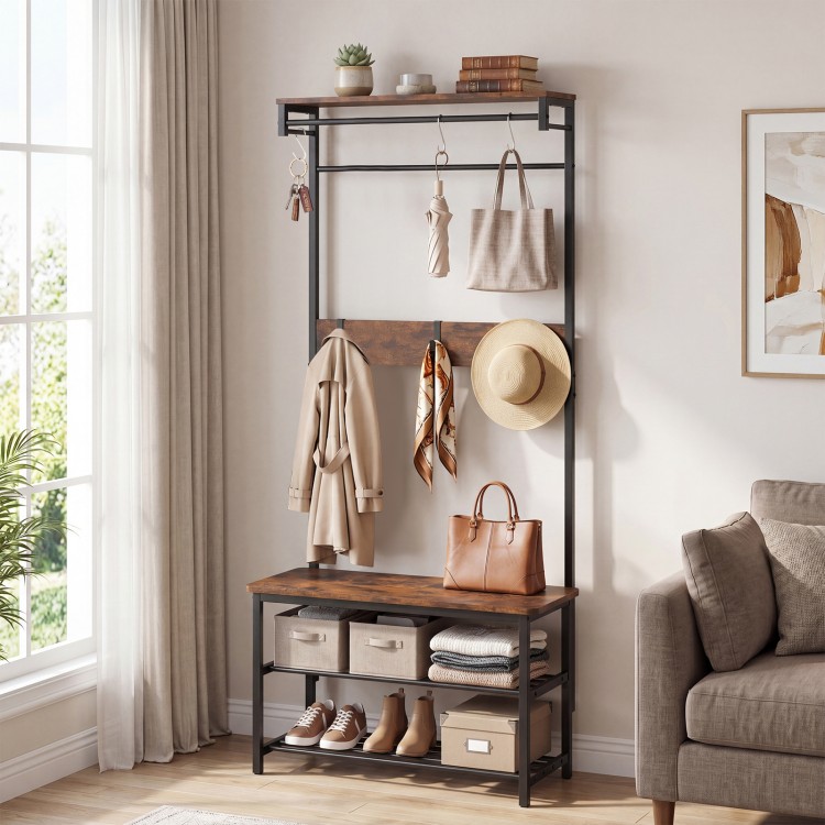 Coat rack hall tree with shoe bench, removable hooks, and rustic wood grain, ideal for entryway or bedroom storage.